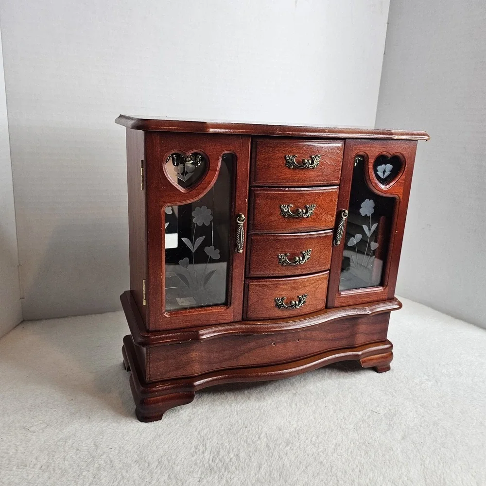Wood Jewelry Box Chest w/ Mirror, Velvet Lined, Ring Holder, Heart, Brown
